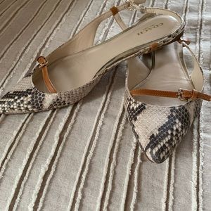 8.5 snakeskin and tan Coach a bit too small.
